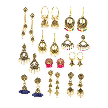 Anting Khas INDIA, Combo of 11 Set Jhumki Alloy Chandbali Earring Collection, Tipe Tusuk & Kait