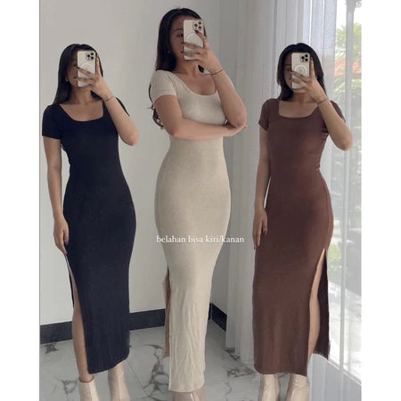 Lula Slit Long Dress Bahan Rib Strait