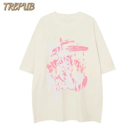 TREPUB.T-shirt Oversize Pink Graffiti White Letters Baju Kaos Korean Style | Pria Wanita /210