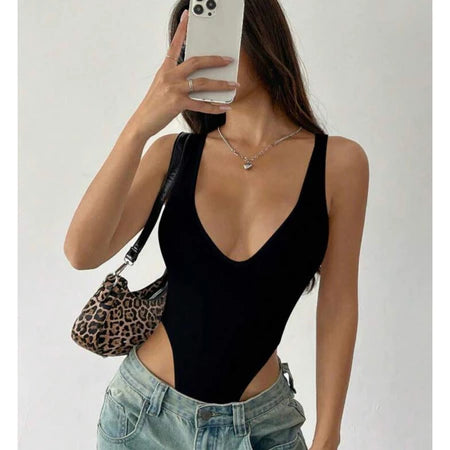 Divesminis- Gamila Bodysuit V Neck Atasan Wanita Jumpsuit Kancing Rib Knit