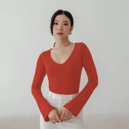 NZINGA Jiyeon | Bodysuit Wanita Polos Lengan Panjang - Model V Neck Slim Fit | Ukuran S - XXL