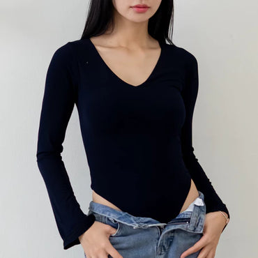 NZINGA Jiyeon | Bodysuit Wanita Polos Lengan Panjang - Model V Neck Slim Fit | Ukuran S - XXL