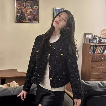 EMITA BLOOM baju outer biru polos wanita kekinian korean style kondangan simple elegan tweed blazer batik wanita premium elegant
