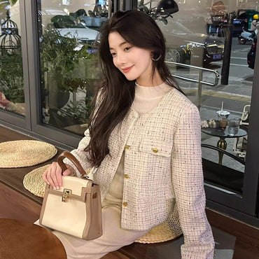 EMITA BLOOM tweed blazer crop wanita kekinian atasan outer biru muda lengan pendek wanita cardigan kondangan aesthetic korea style