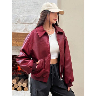 Hanifoleather.id Jaket Kulit Imitasi Merah Maroon Lengan Panjang Ritsleting Bahu Jatuh Musim Gugur/Dingin