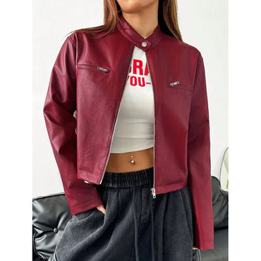 -Jaket Kulit Wanita Kasual kerah Berdiri Risleting Musim Semi