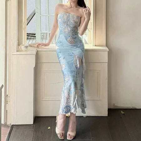 YIMITA dress panjang wanita kekinian korean style tanpa lengan cantik blue elegant party bunga press body dress terbaru 2026