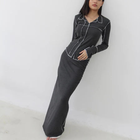 LIV SET - Setelan Wanita Oneset Lengan Panjang Rok Knit Rib Premium Shirt Skirt Baju Set Celana Highwaist Soma