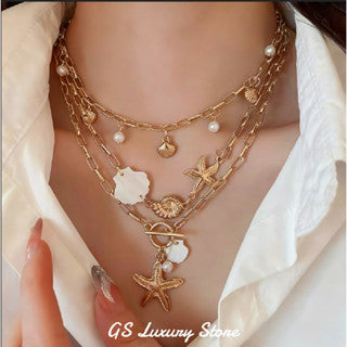 7 pcs set Gold Multilayer Necklace Set / kalung multi layer pendant retro multi layer necklace