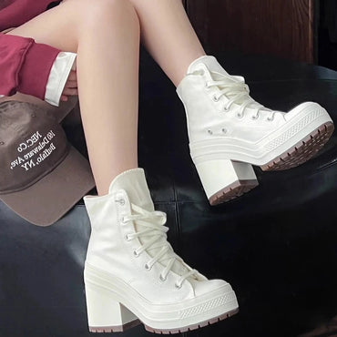 PINKEY P320 Sepatu Boots Tinggi untuk Wanita Trendy, Model Korean Style dengan Bahan Kanvas - Hitam
