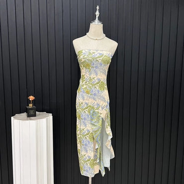 YIMITA dress panjang wanita kekinian korean style tanpa lengan cantik blue elegant party bunga press body dress terbaru 2026