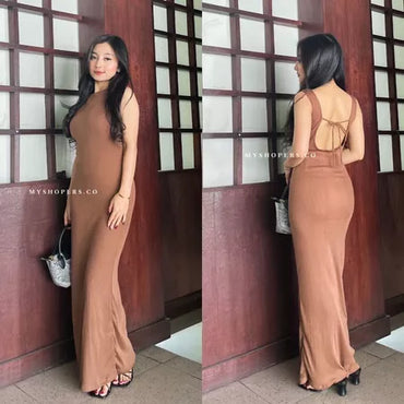 Tavia Long Dress Bahan Rib Backless Tali Belakang Punggung Terbuka Panjang Bodycon Strait Melar