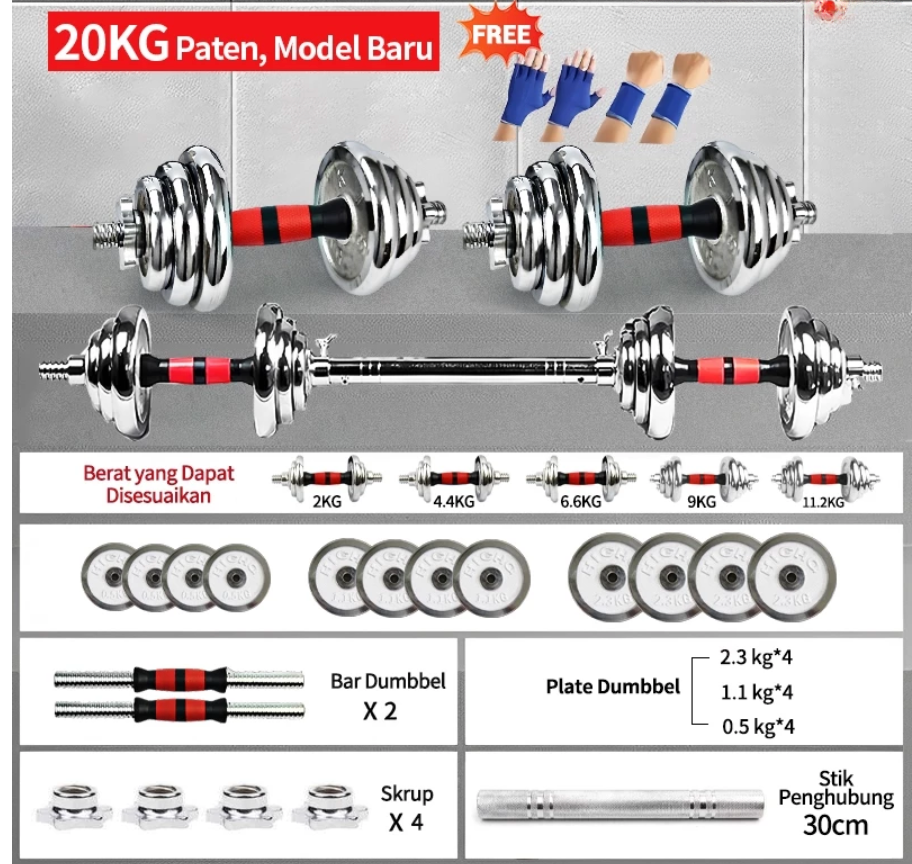Dumbbell set peralatan fitness barbel set 20 kg