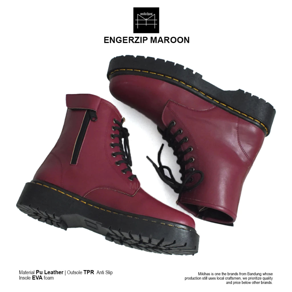 MIkihas - Sepatu Boot Pria Wanita Fashion Kasual Kulit Maroon 8 Hole - Engers Zip