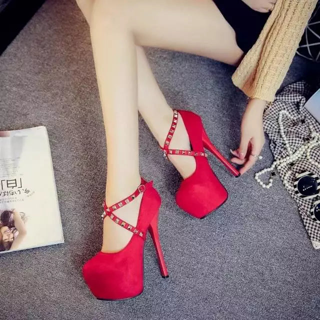 Promo Sepatu High Heels Wanita Stud 13cm X Mirriam Hitam Merah R2 Diskon