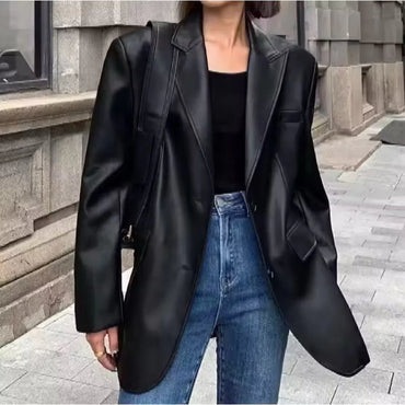 Blazer Kulit Wanita Coklat Oversize | Outer Kekinian Korea Look
