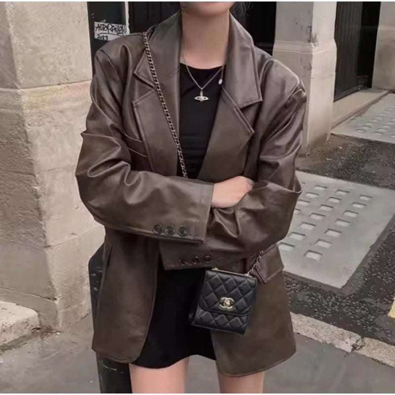 • Blazer Kulit Wanita Autumn American vintage Suit Short coat Women