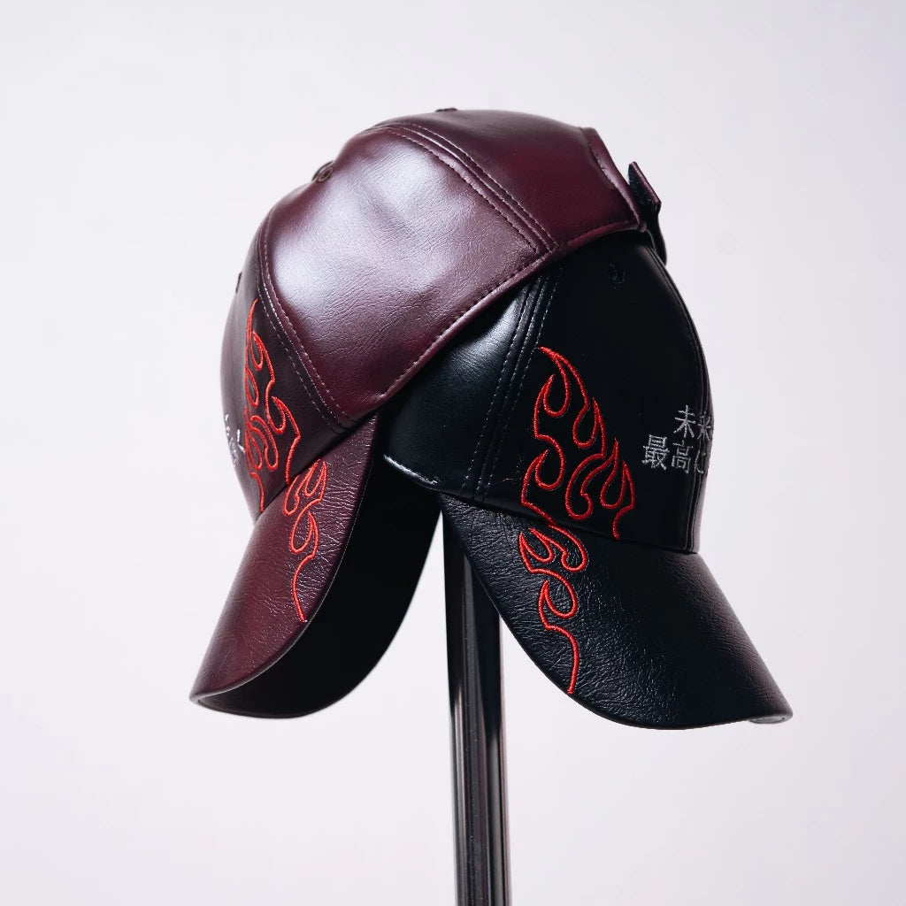 BOZRVK Red Flame Kanji Leather Baseball Cap - Topi Baseball Pria Maroon