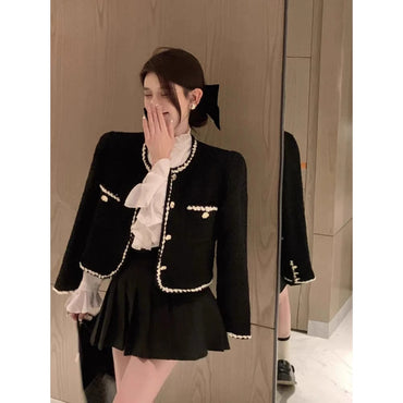 EMITA BLOOM jacket outer hitam polos kondangan wanita kekinian lebaran 2026 korean outer crop top lengan panjang tweed blazer wanita