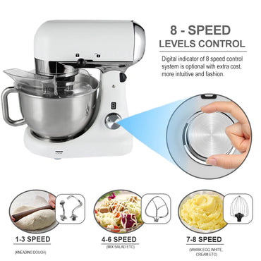 Professional Bakery Dough Mixer 5L 1000W Metal Cast Kitchen Stand Mixer with Double Dough Kneading Hooks Egg Whisk Beater