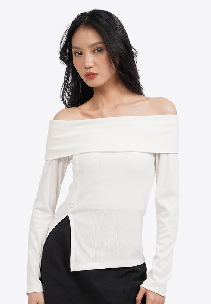 COLORBOX Off Shoulder Long Sleeve Top Off White