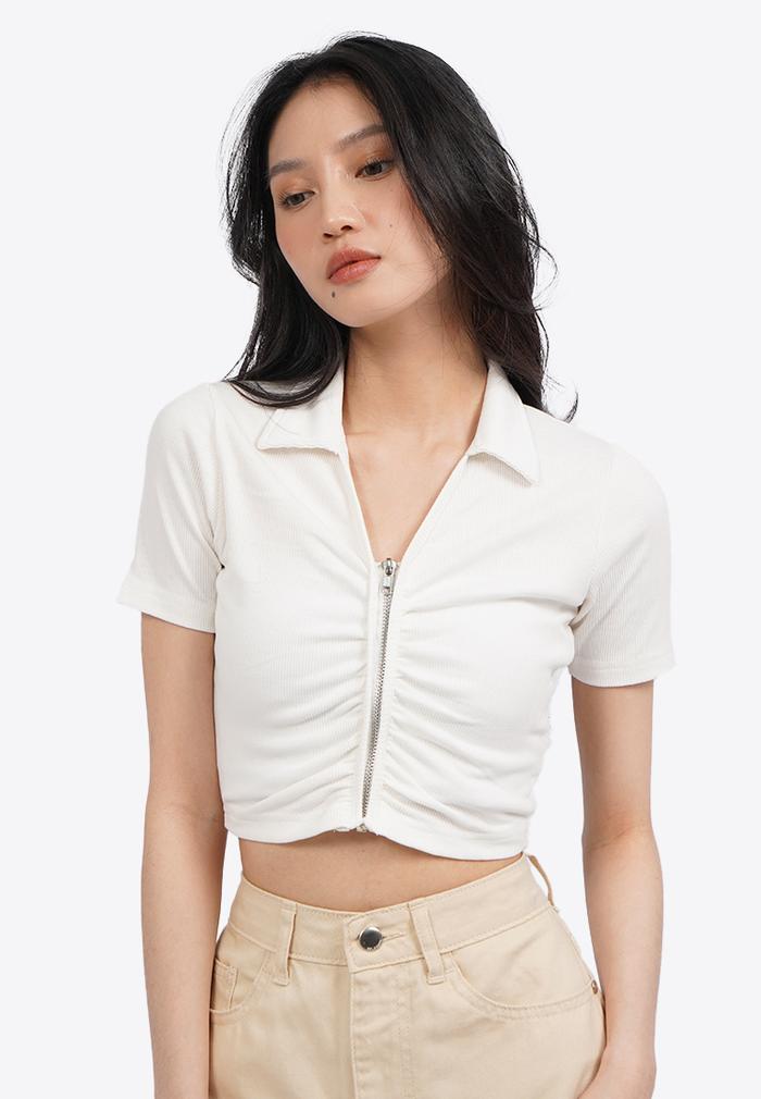 COLORBOX Ruched Front Polo Crop Top Off White