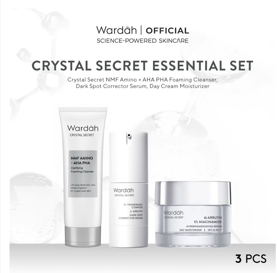 Wardah Crystal Secret Essential Package (Cleanser 100 ml, Serum 20 ml, Day Cream 30 g) - Rangkaian Skincare Untuk Mencerahkan