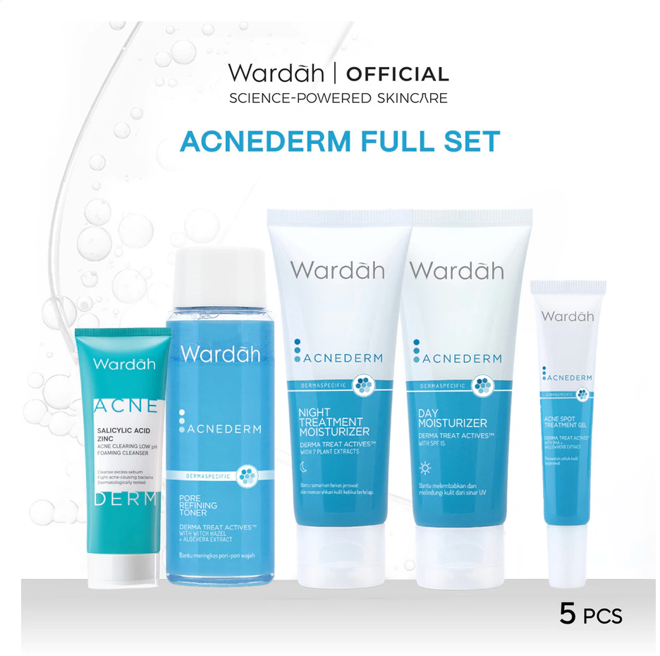 Wardah Acnederm Paket Lengkap Full Regime (Acne Spot Gel, Night Moisturizer, Toner, Day Moisturizer, Foaming Cleanser)