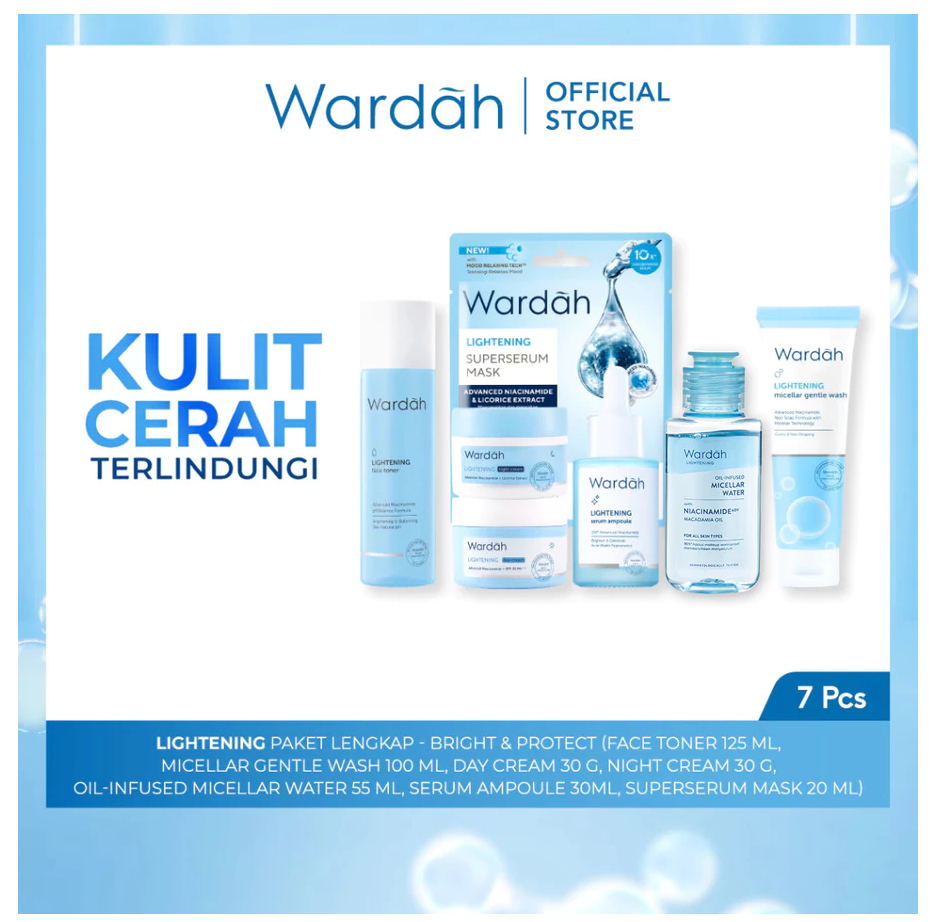 Wardah Lightening Paket Lengkap - Bright & Protect (Serum Ampoule, Night Cream, Face Toner, Day Cream, Facial Wash, Sheet Mask