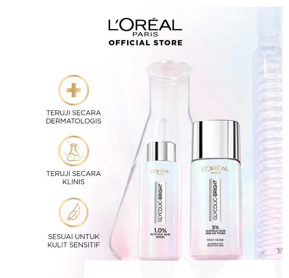 L'Oreal Paris Glycolic Bright Glowing Skincare Set Mencerahkan - Facial Foam 50 ml, Toner 65ml, Serum 15ml, Day & Night Cream 15ml