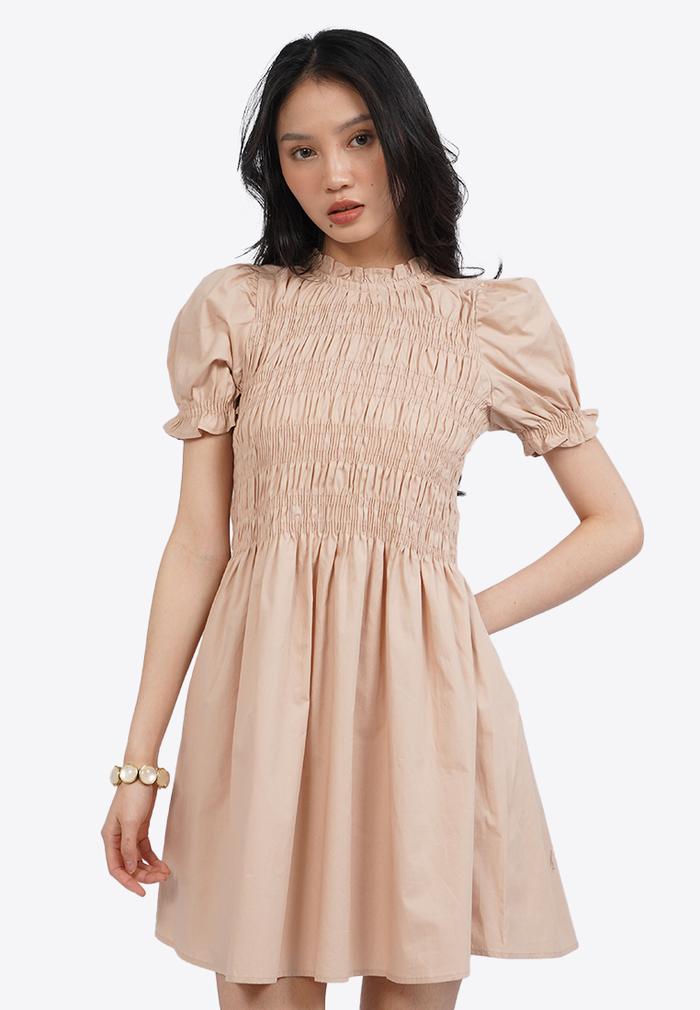 COLORBOX Short Sleeve Smocked Mini Dress Lt. Brown