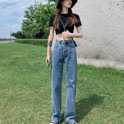 Jeans Kasual Longgar Kaki Lurus Ramping Korean Style