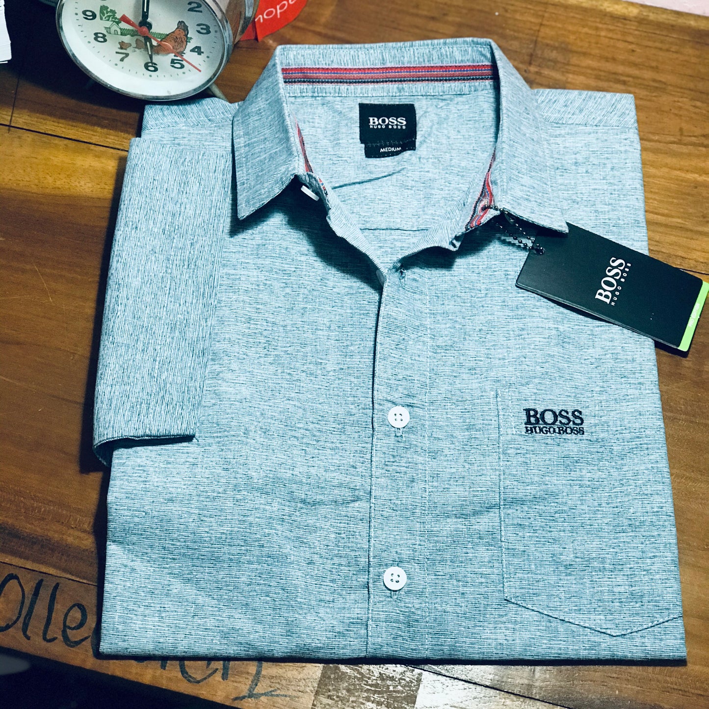 Kemeja Lengan Pendek Pria Kombinasi Kotak Import - Hugo Boss Abu, L