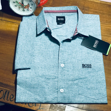 Kemeja Lengan Pendek Pria Kombinasi Kotak Import - Hugo Boss Abu, L