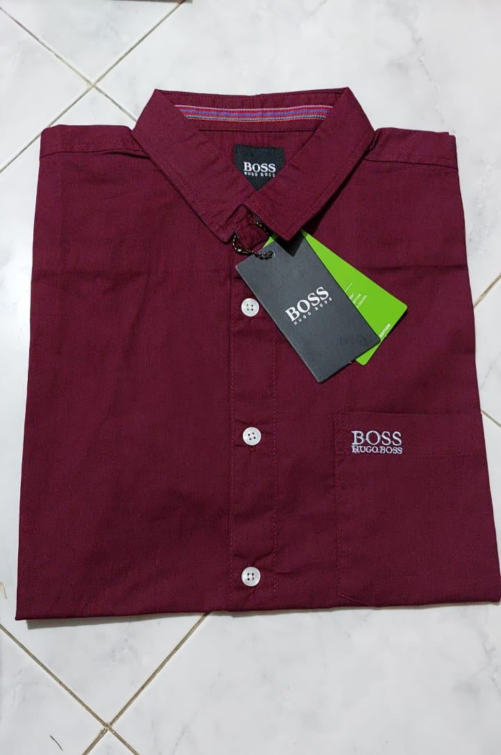Kemeja lengan pendek pria kombinasi kotak import - Hugo boss merah, XL