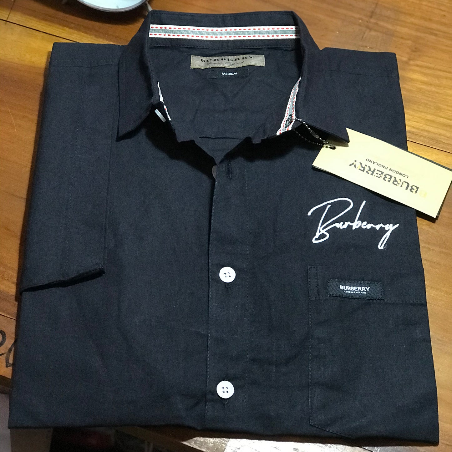 Kemeja lengan pendek pria kombinasi kotak import - Burberry hitam, XL