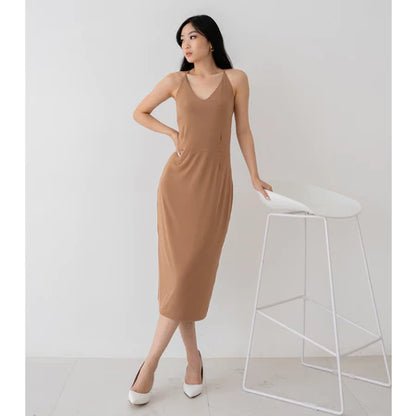 NZINGA Grace | Midi Dress Wanita Polos Slim Fit - V Neck Sleeveless Elegant Look | Ukuran S - XXL