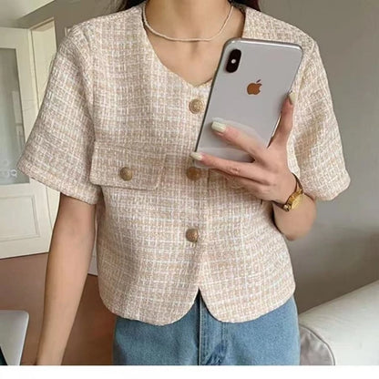 EMITA BLOOM tweed blazer wanita kekinian korea jaket outer crop wanita korean style aestetic terbaru 2026 baju cardigan kondangan wanita