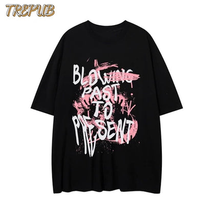 TREPUB.T-shirt Oversize Pink Graffiti White Letters Baju Kaos Korean Style | Pria Wanita /210
