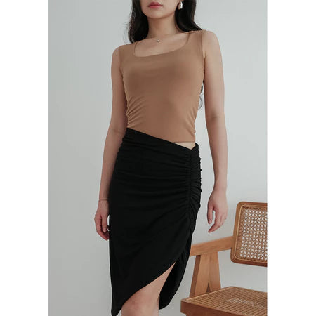NZINGA Hyosonn | Skirt Wanita Slim Fit Polos - Rok Midi Kerut Belahan Depan Stylish | Ukuran S - XXL