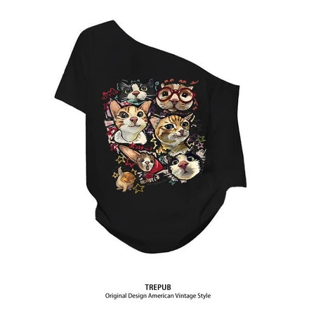 TREPUB. T-shirt Oversize off-the-shoulder happy cats Baju Kaos Korean Style | Pria Wanita /403