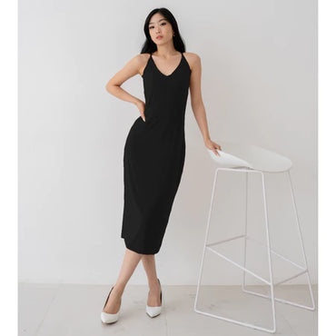 NZINGA Grace | Midi Dress Wanita Polos Slim Fit - V Neck Sleeveless Elegant Look | Ukuran S - XXL