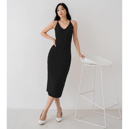 NZINGA Grace | Midi Dress Wanita Polos Slim Fit - V Neck Sleeveless Elegant Look | Ukuran S - XXL