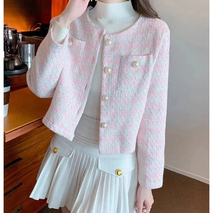 EMITA BLOOM tweed blazer wanita kekinian korea jaket outer crop wanita korean style aestetic terbaru 2026 baju cardigan kondangan wanita