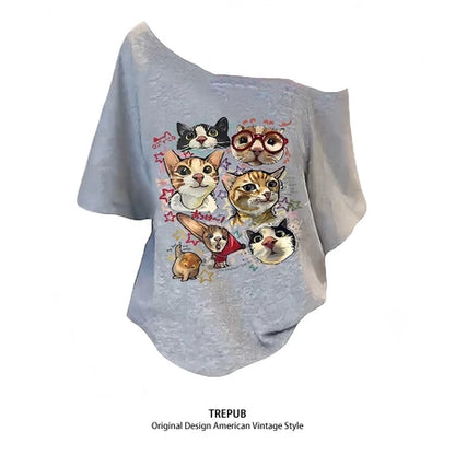 TREPUB. T-shirt Oversize off-the-shoulder happy cats Baju Kaos Korean Style | Pria Wanita /403