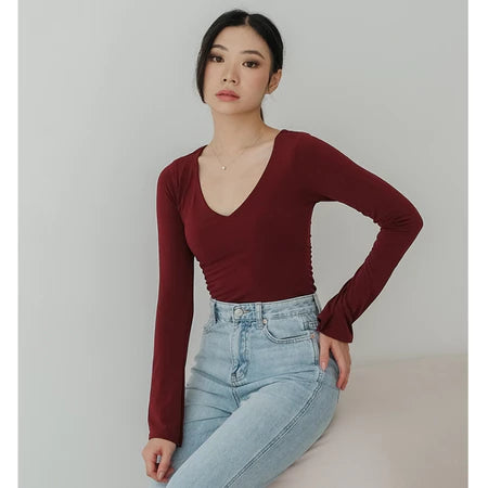NZINGA Jiyeon | Bodysuit Wanita Polos Lengan Panjang - Model V Neck Slim Fit | Ukuran S - XXL