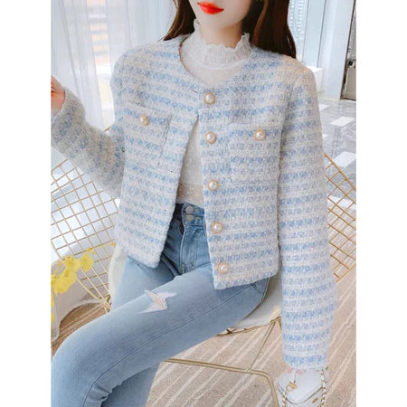 EMITA BLOOM tweed blazer wanita kekinian korea jaket outer crop wanita korean style aestetic terbaru 2026 baju cardigan kondangan wanita