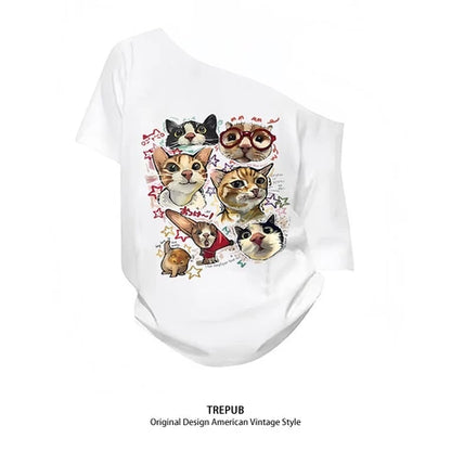 TREPUB. T-shirt Oversize off-the-shoulder happy cats Baju Kaos Korean Style | Pria Wanita /403