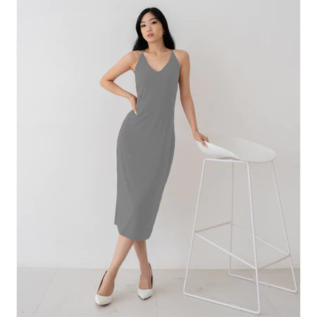 NZINGA Grace | Midi Dress Wanita Polos Slim Fit - V Neck Sleeveless Elegant Look | Ukuran S - XXL