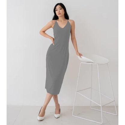NZINGA Grace | Midi Dress Wanita Polos Slim Fit - V Neck Sleeveless Elegant Look | Ukuran S - XXL
